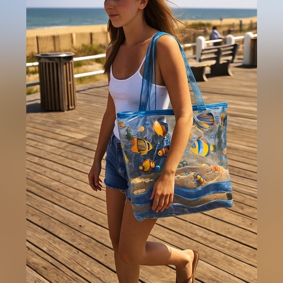 Clear Fish Print Beach Tote w/ Sand Wave Bottom - Picture 11 of 11